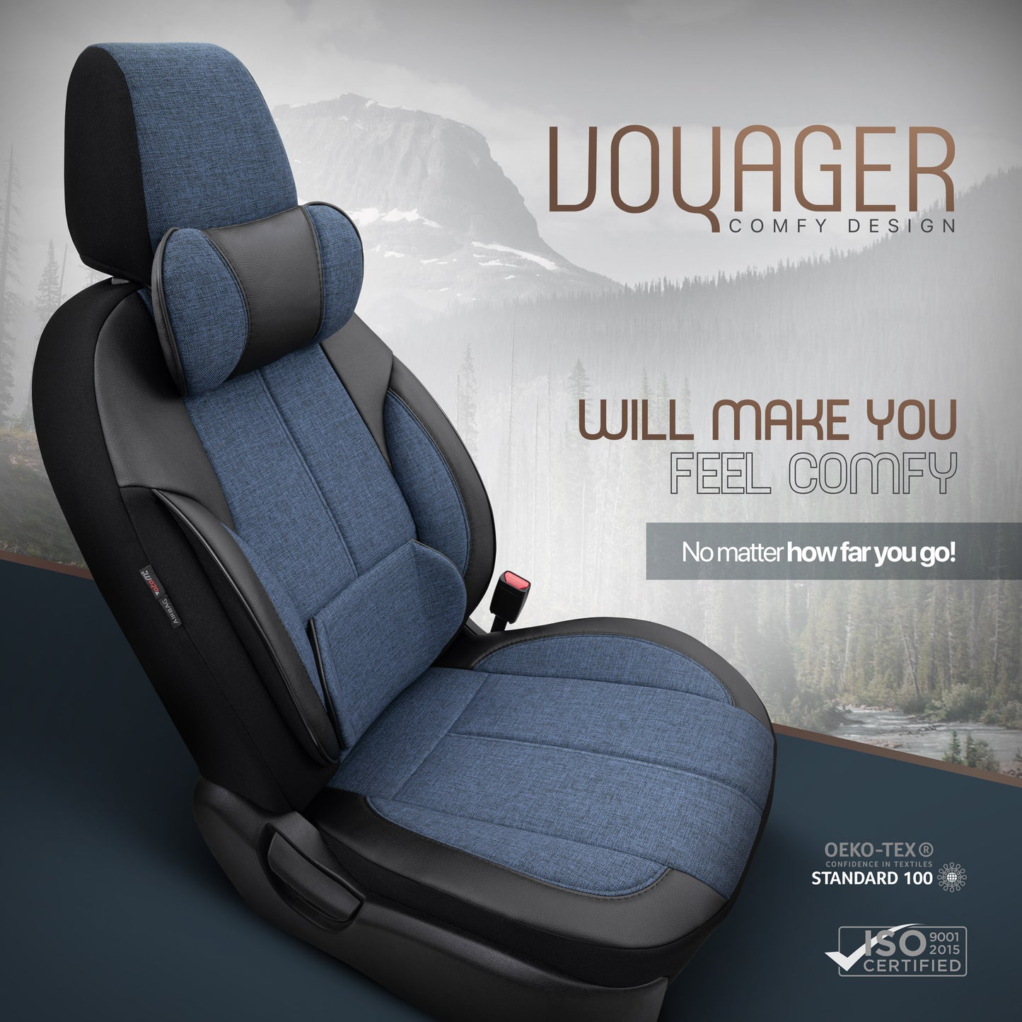 Комплект Ергономична Тапицерия Voyager – Черно/Синьо, Текстил, за Предни и Задни Седалки