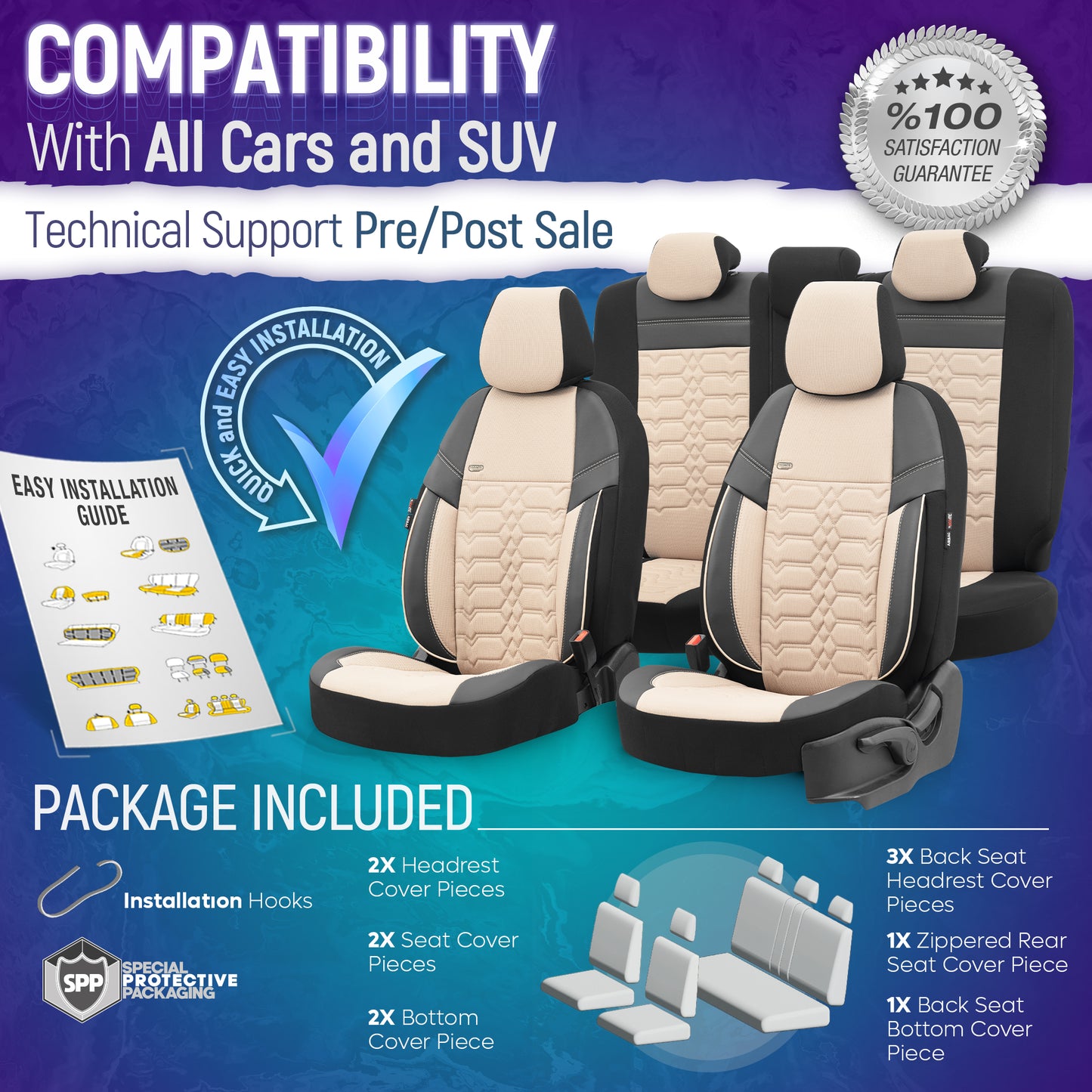 Комплект Тапицерия Elegance – Черно/Бежово, Текстил, за Предни и Задни Седалки