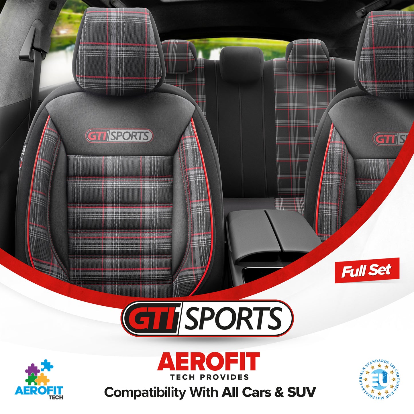 Комплект Тапицерия GTI Sports – Черно/Червено, Текстил, за Предни и Задни Седалки