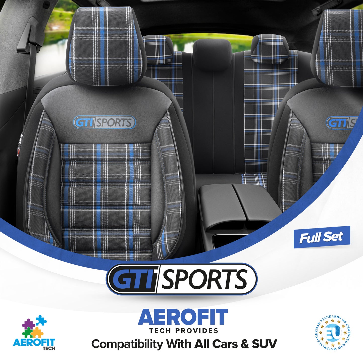 Комплект Тапицерия GTI Sports – Черно/Синьо, Текстил, за Предни и Задни Седалки