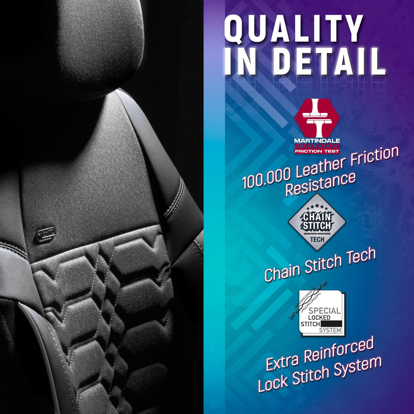 Комплект Тапицерия Elegance – Черно с Бял Шев, Текстил, за Предни и Задни Седалки