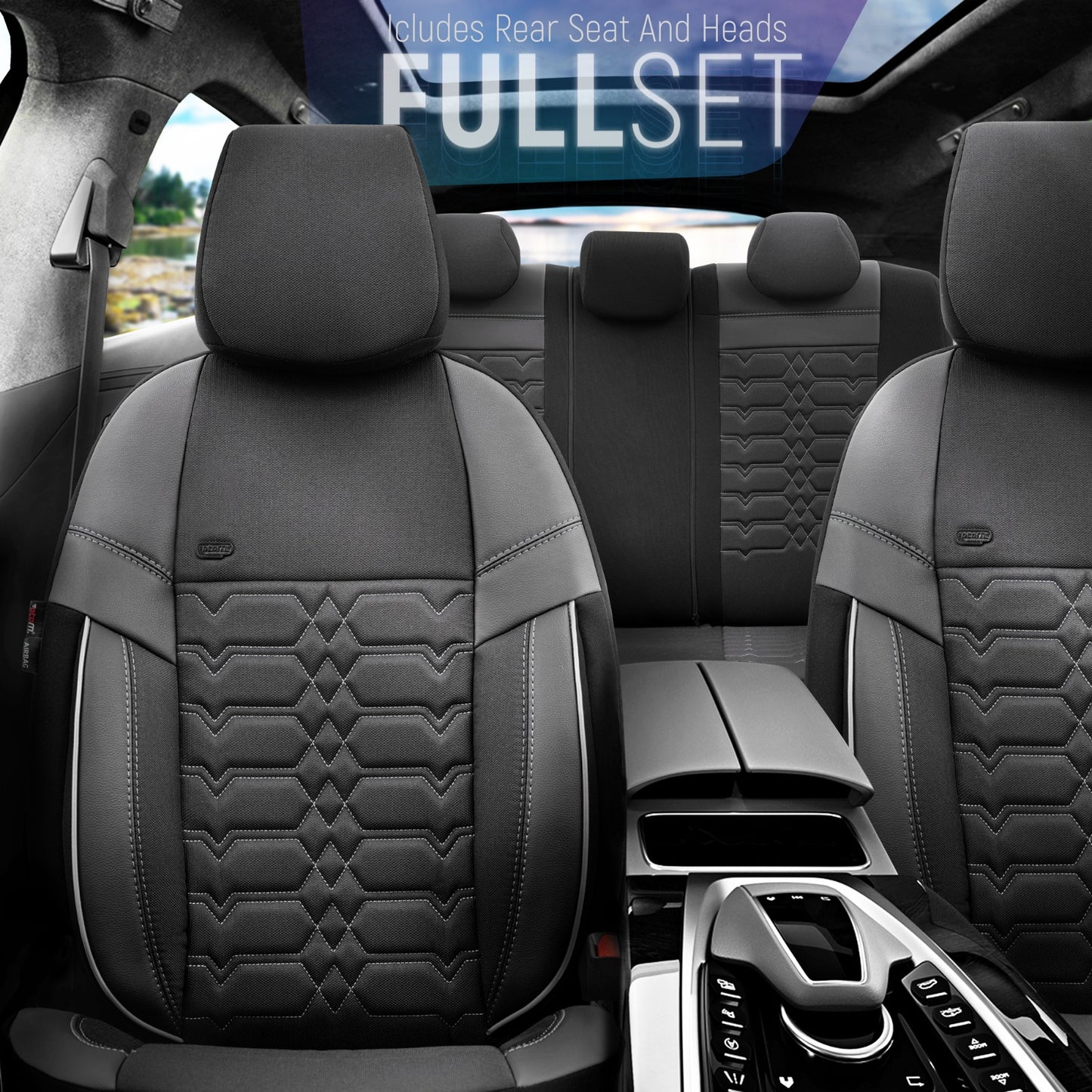 Комплект Тапицерия Elegance – Черно с Бял Шев, Текстил, за Предни и Задни Седалки