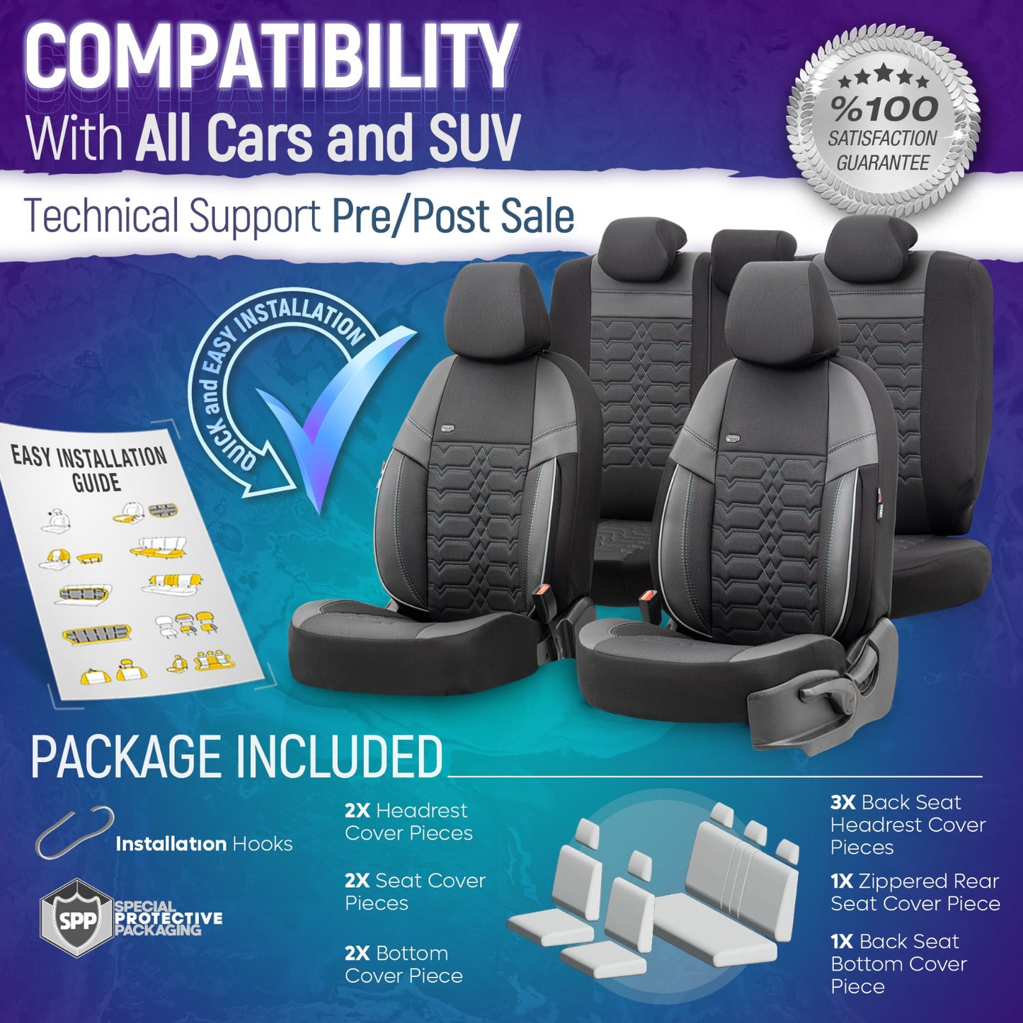 Комплект Тапицерия Elegance – Черно с Бял Шев, Текстил, за Предни и Задни Седалки