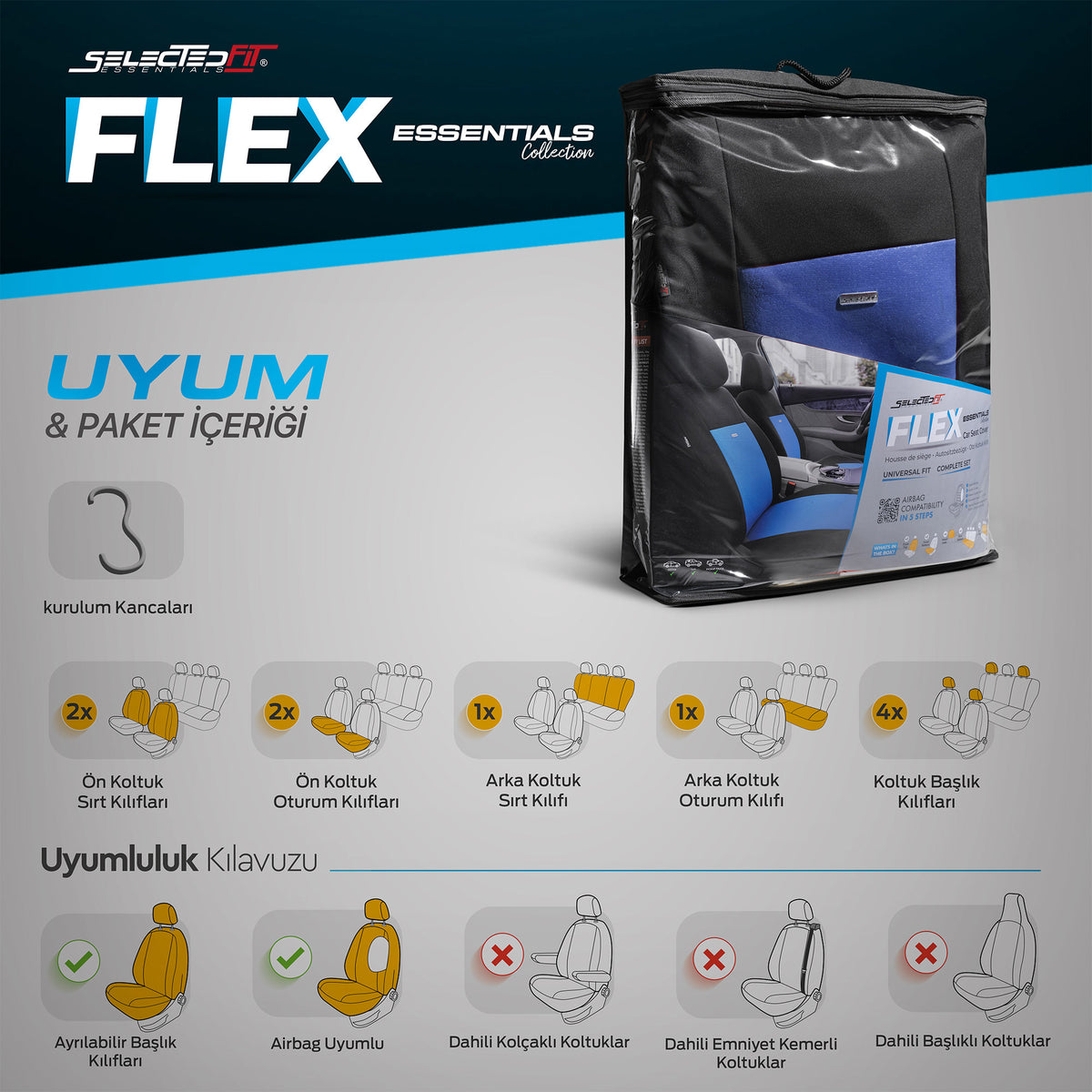 Комплект Тапицерия Selectedfit Flex 107 – Черно/синьо, за Предни и Задни Седалки